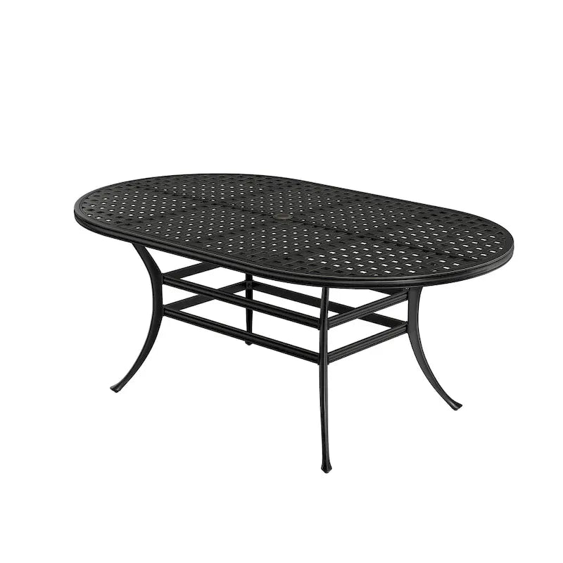 72     Outdoor Dining Table Cast Aluminum Classic Lattice Elliptical Shape Patio Table with Umbrella Hole