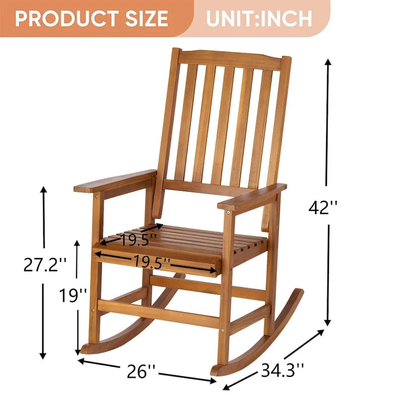 Farmhouse Acacia Wood Rocking Chair, Indoor/Outdoor Solid Wood Patio Furniture with Ergonomic Design & Weather-Resistant Finish