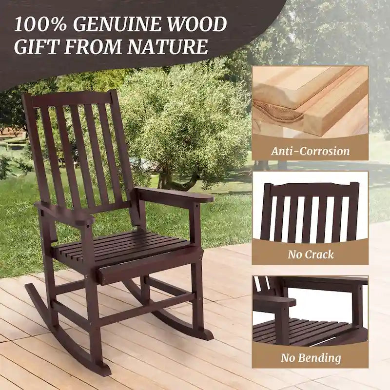 Farmhouse Acacia Wood Rocking Chair, Indoor/Outdoor Solid Wood Patio Furniture with Ergonomic Design & Weather-Resistant Finish