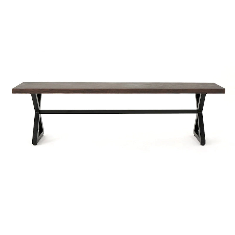 Romita Outdoor Dining Bench, X Legs, Brown Metal, Black Steel, 63 Inch