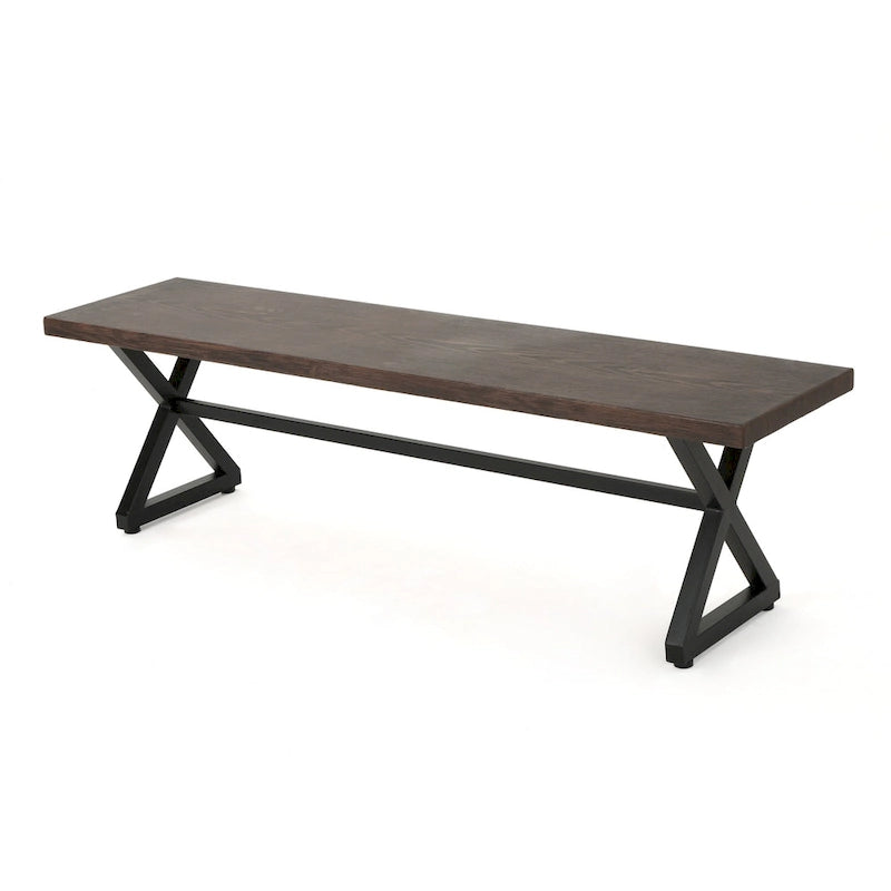 Romita Outdoor Dining Bench, X Legs, Brown Metal, Black Steel, 63 Inch