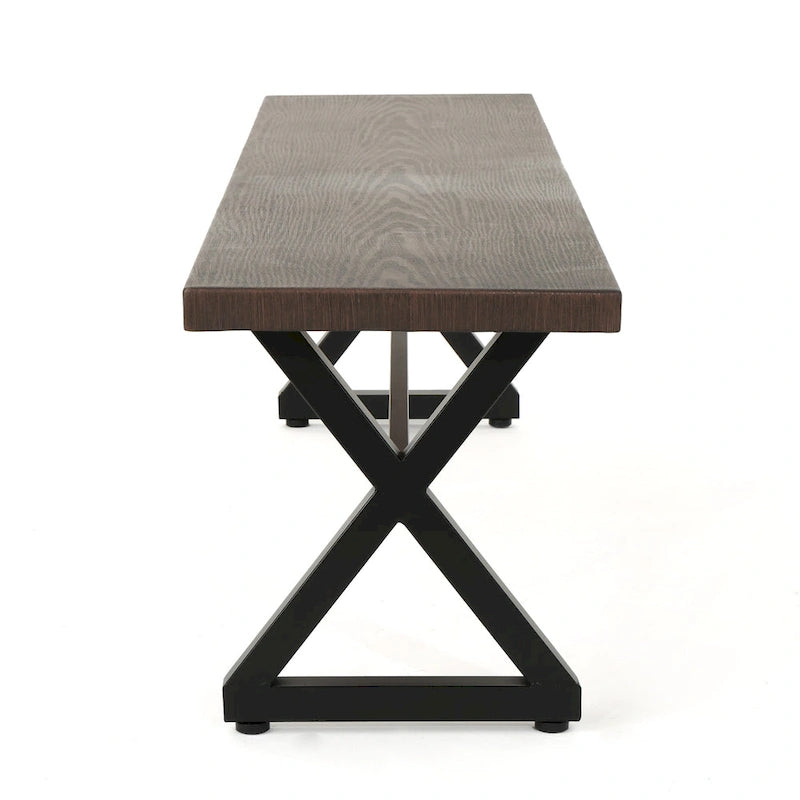 Romita Outdoor Dining Bench, X Legs, Brown Metal, Black Steel, 63 Inch