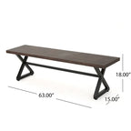 Romita Outdoor Dining Bench, X Legs, Brown Metal, Black Steel, 63 Inch
