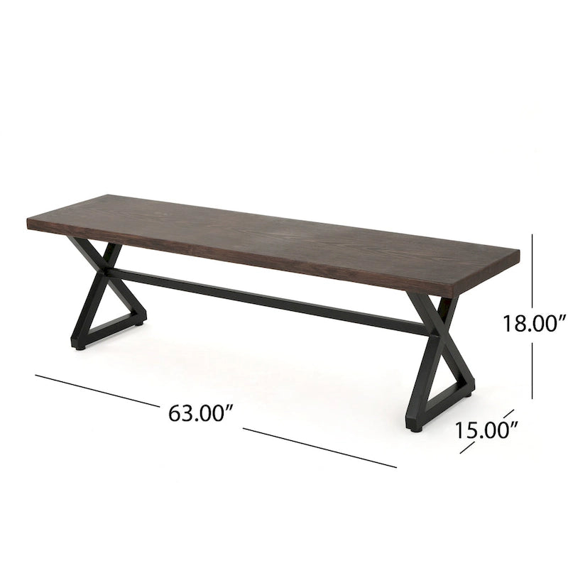 Romita Outdoor Dining Bench, X Legs, Brown Metal, Black Steel, 63 Inch