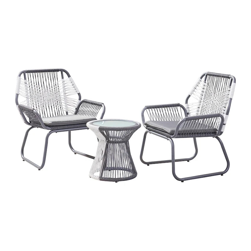 Ciao 3 Piece Outdoor Set, 2 Chairs, 1 Table, Gray Woven Rope and Steel