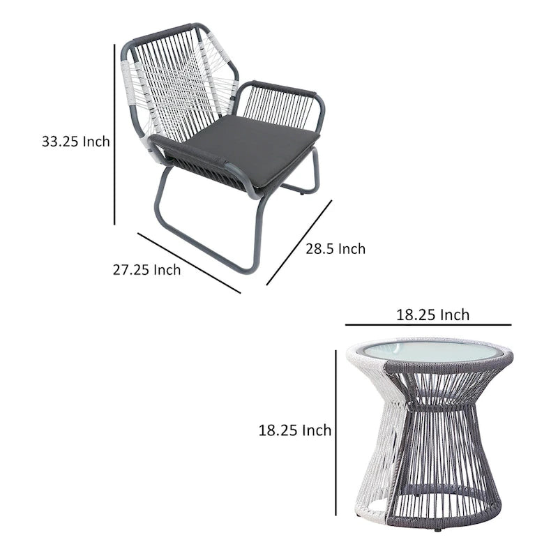 Ciao 3 Piece Outdoor Set, 2 Chairs, 1 Table, Gray Woven Rope and Steel