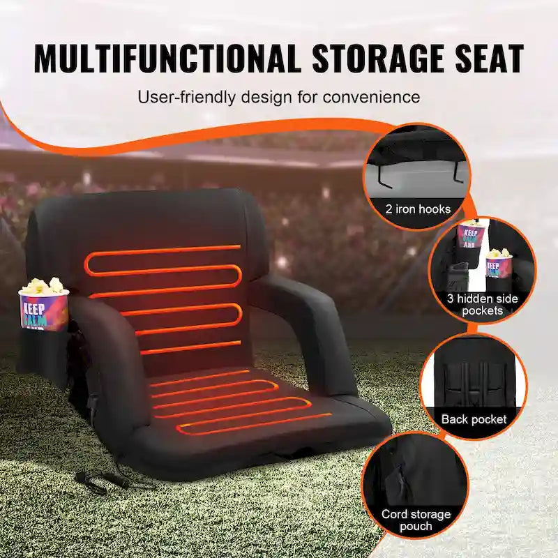 Double Heated Stadium Seat with Back Support Ideal for Sport Event Beach Camping Concert - 22 inches