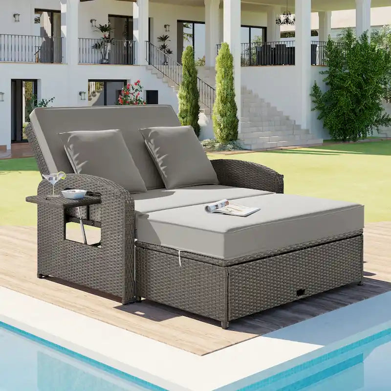 Outdoor PE Wicker Double Chaise Lounge, All Weather Patio Conversations Set, Patio Reclining Chair with Adjustable Back