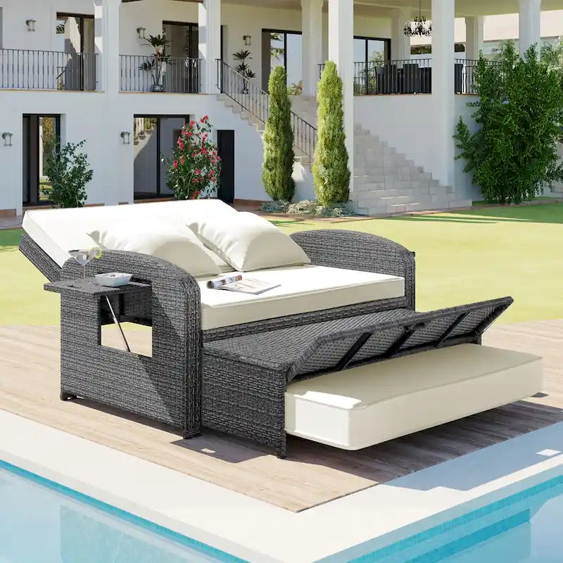 Outdoor PE Wicker Double Chaise Lounge, All Weather Patio Conversations Set, Patio Reclining Chair with Adjustable Back