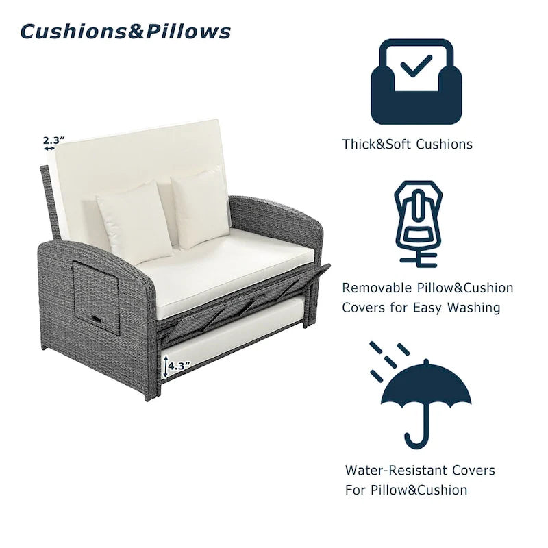 Outdoor PE Wicker Double Chaise Lounge, All Weather Patio Conversations Set, Patio Reclining Chair with Adjustable Back