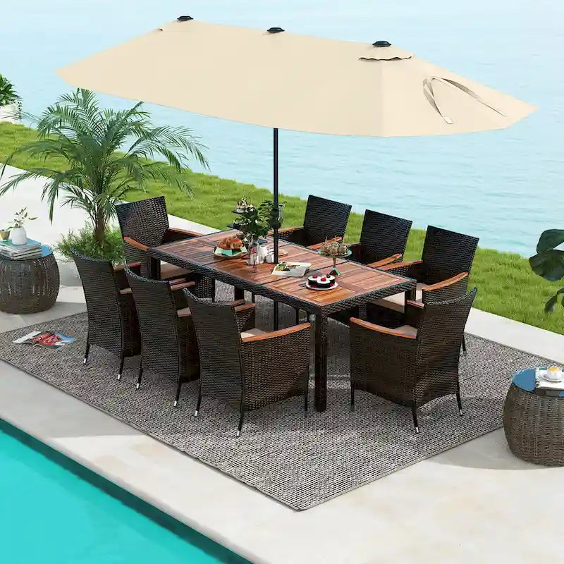 Gymax 9 Piece Patio Wicker Dining Set w/ Double-Sided Patio Beige
