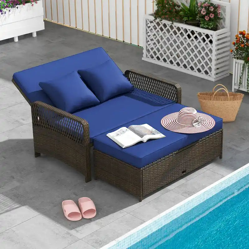 Gymax Patio Rattan Daybed Wicker Loveseat Sofa w/ Multifunctional