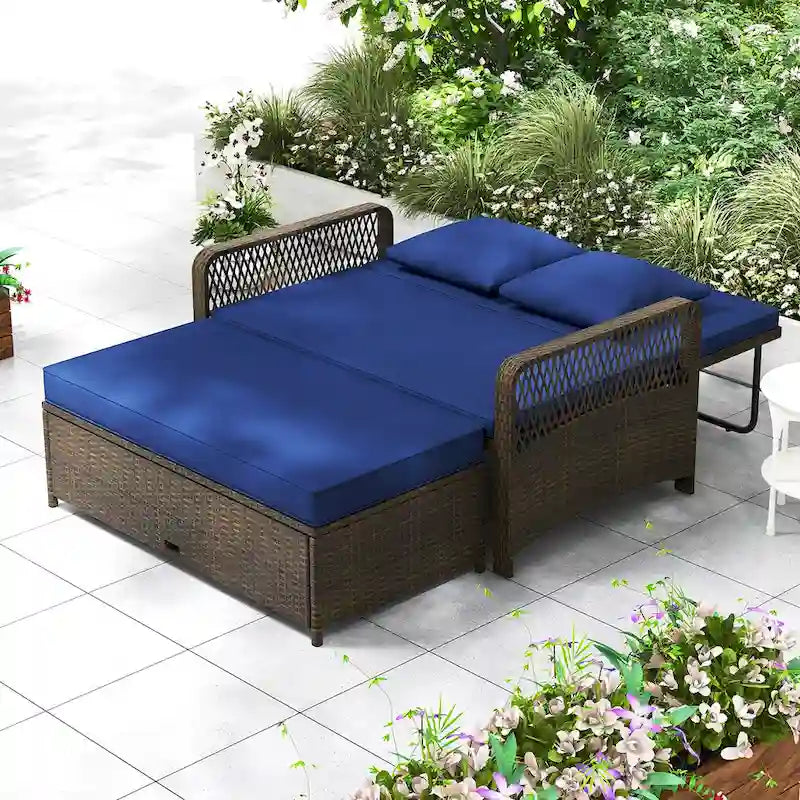 Gymax Patio Rattan Daybed Wicker Loveseat Sofa w/ Multifunctional