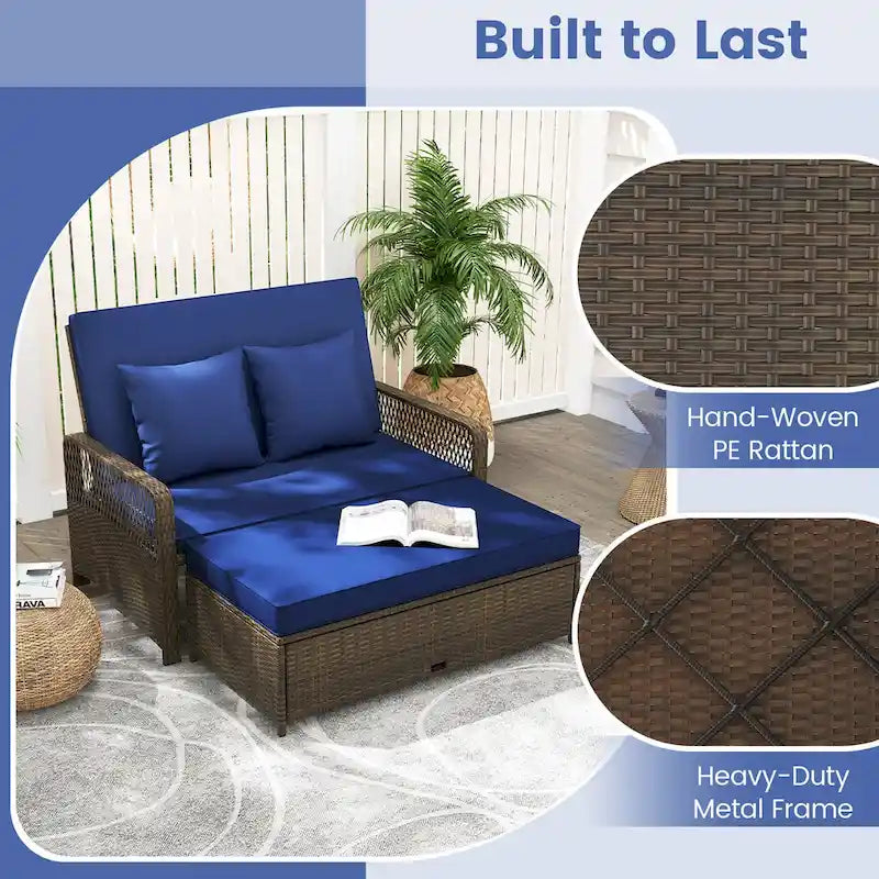 Gymax Patio Rattan Daybed Wicker Loveseat Sofa w/ Multifunctional