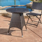 Round Brown Rattan Bistro Table 28 Inch Outdoor PE Wicker Iron Base