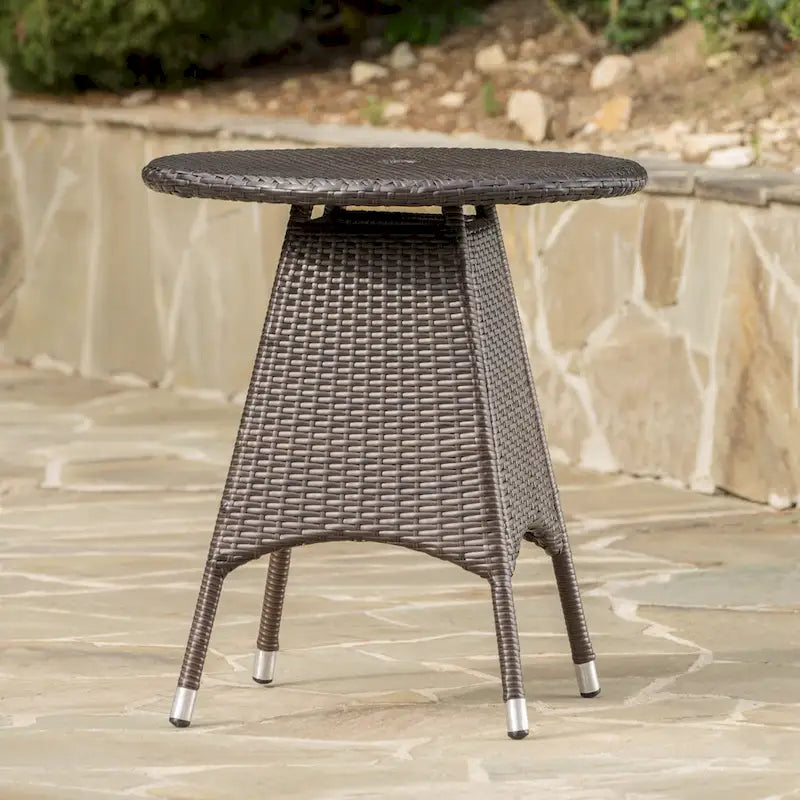 Round Brown Rattan Bistro Table 28 Inch Outdoor PE Wicker Iron Base