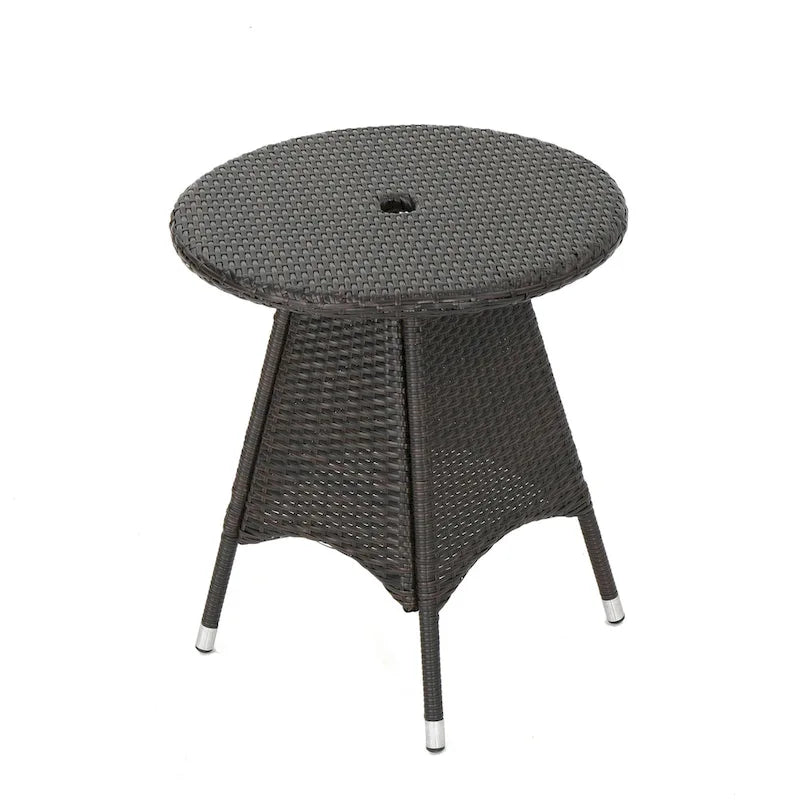 Round Brown Rattan Bistro Table 28 Inch Outdoor PE Wicker Iron Base