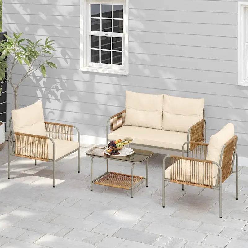 Moasis 4 Pieces All-Weather Patio Furniture Set,Outdoor Bistro Conversation Set with Beige Cushions and Coffee Table