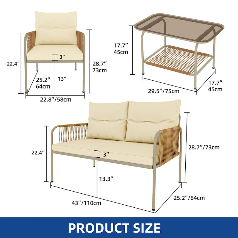 Moasis 4 Pieces All-Weather Patio Furniture Set,Outdoor Bistro Conversation Set with Beige Cushions and Coffee Table