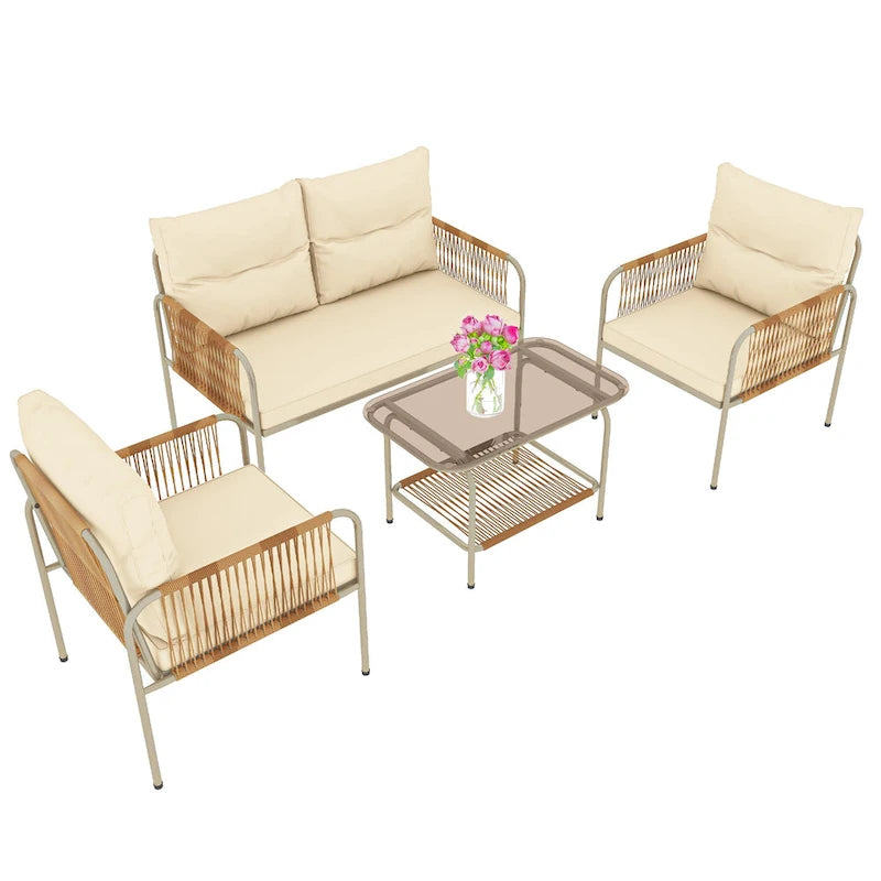 Moasis 4 Pieces All-Weather Patio Furniture Set,Outdoor Bistro Conversation Set with Beige Cushions and Coffee Table