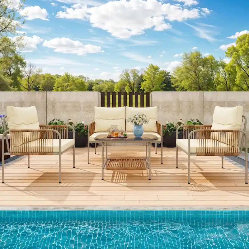 Moasis 4 Pieces Rattan Patio Furniture Wicker Conversation Set with Beige Cushion & Coffee Table