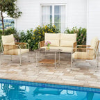 Moasis 4 Pieces Rattan Patio Furniture Wicker Conversation Set with Beige Cushion & Coffee Table
