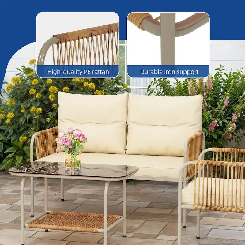 Moasis 4 Pieces Rattan Patio Furniture Wicker Conversation Set with Beige Cushion & Coffee Table