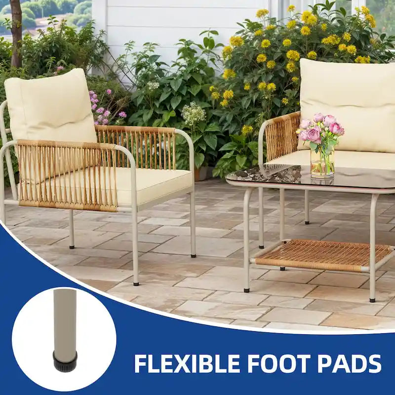 Moasis 4 Pieces Rattan Patio Furniture Wicker Conversation Set with Beige Cushion & Coffee Table