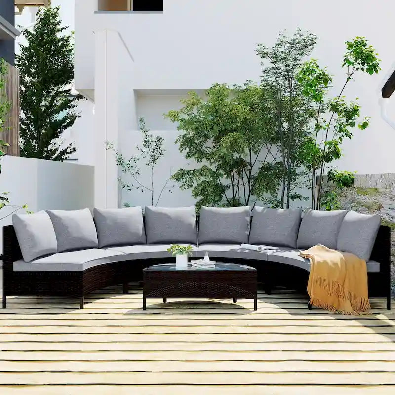 Curved Sofa Set Patio Sectional Furniture Set with Tempered Glass Table