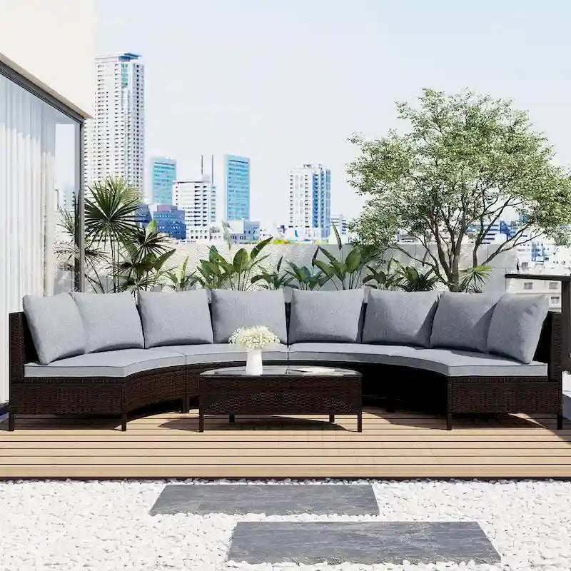 Curved Sofa Set Patio Sectional Furniture Set with Tempered Glass Table