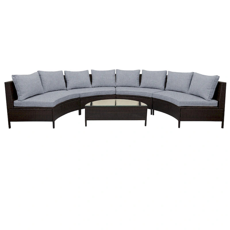 Curved Sofa Set Patio Sectional Furniture Set with Tempered Glass Table