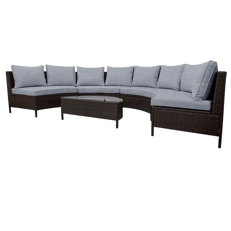 Curved Sofa Set Patio Sectional Furniture Set with Tempered Glass Table
