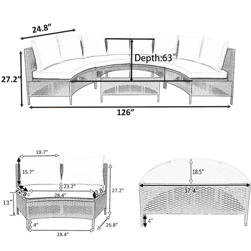 Curved Sofa Set Patio Sectional Furniture Set with Tempered Glass Table