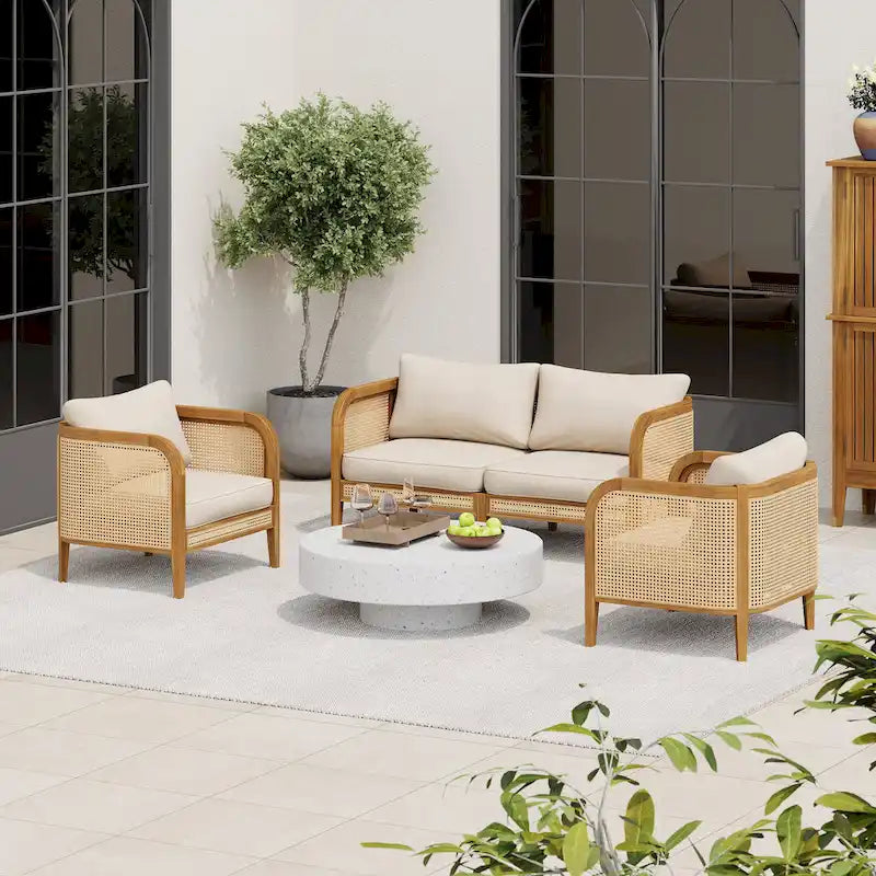 Christopher Knight Home - Torres Outdoor Acacia Wood 3 Pieces Cushioned Chat Set
