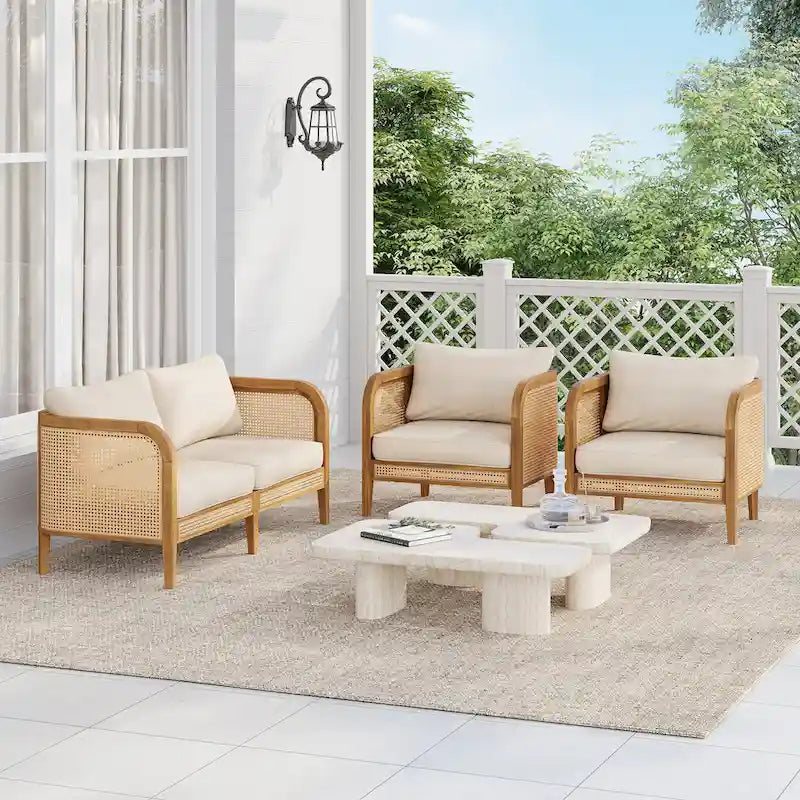 Christopher Knight Home - Torres Outdoor Acacia Wood 3 Pieces Cushioned Chat Set