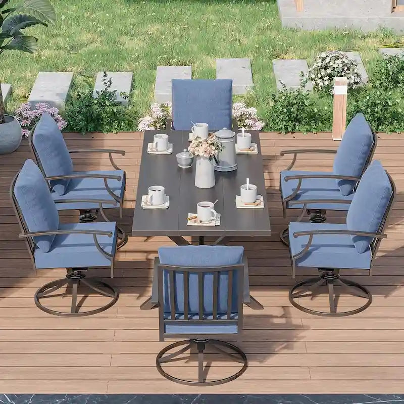 7-Pieces Outdoor Dining Set with X-Leg Table and Swivel Chairs