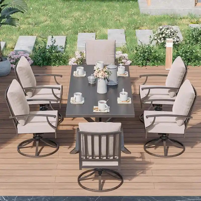 7-Pieces Outdoor Dining Set with X-Leg Table and Swivel Chairs