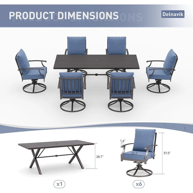 7-Pieces Outdoor Dining Set with X-Leg Table and Swivel Chairs