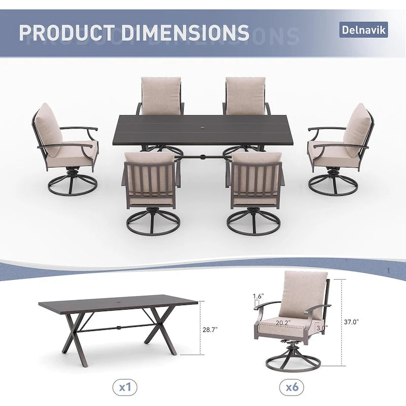 7-Pieces Outdoor Dining Set with X-Leg Table and Swivel Chairs