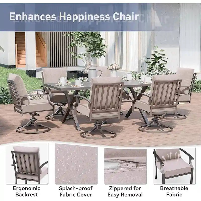 7-Pieces Outdoor Dining Set with X-Leg Table and Swivel Chairs