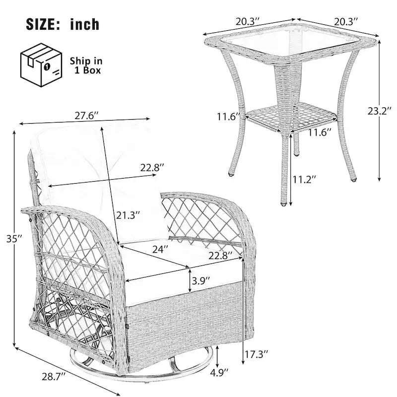 3 Piece Rattan Chair Table Set with 2 Rocking Chairs and Table