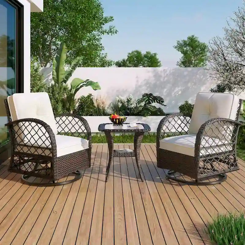 3 Piece Rattan Chair Table Set with 2 Rocking Chairs and Table