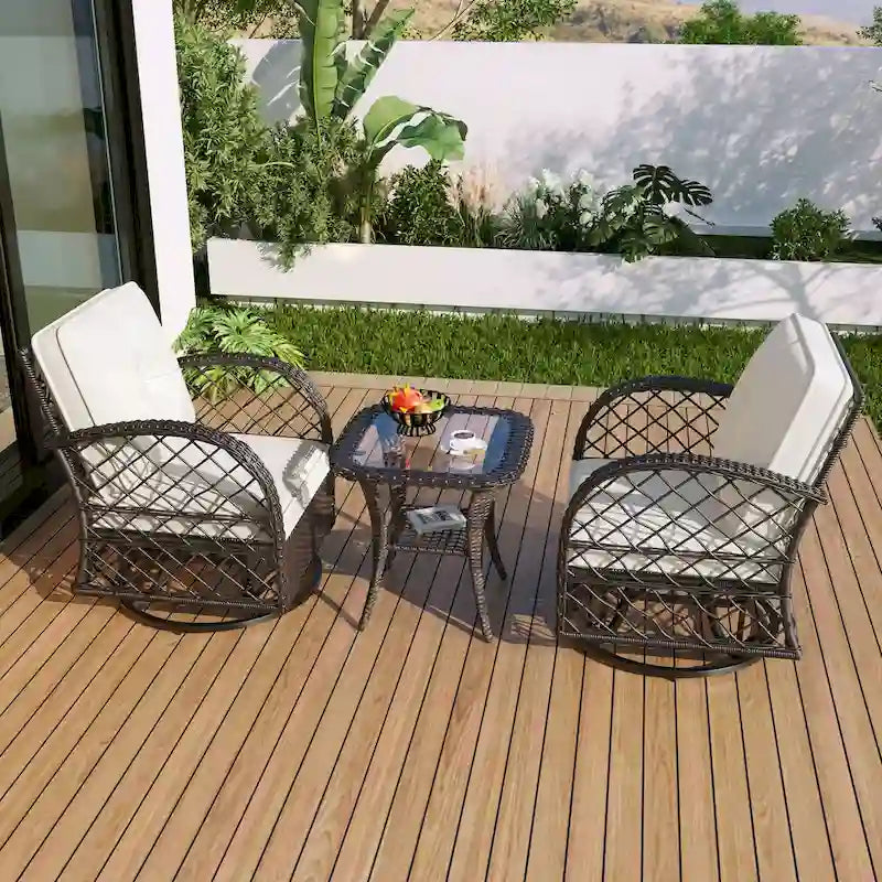 3 Piece Rattan Chair Table Set with 2 Rocking Chairs and Table