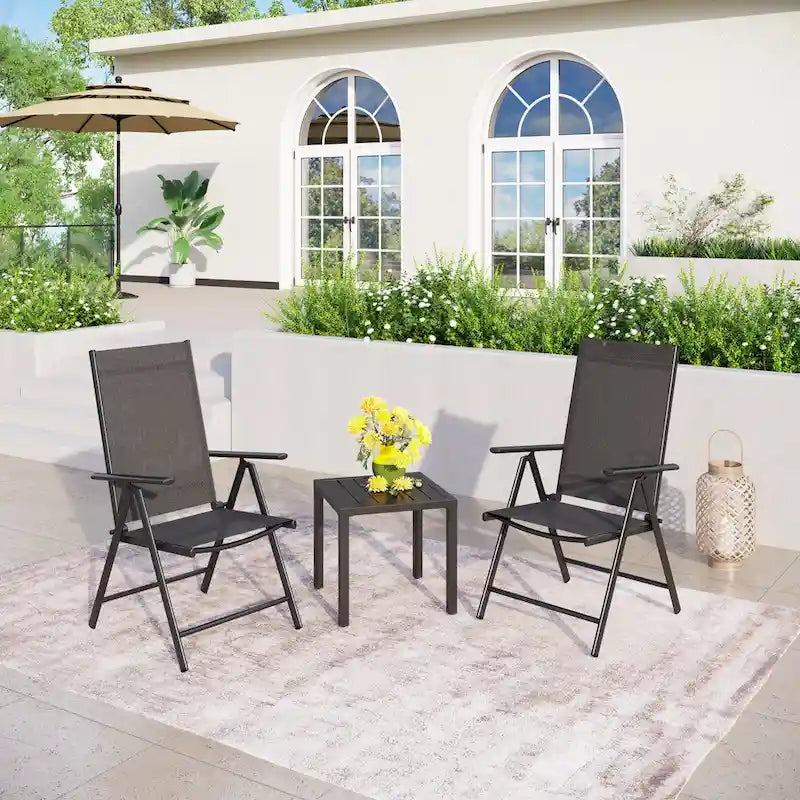 3-Piece Metal Patio Dining Set, 1 Square Table and 2 Folding Sling Chairs - N/A