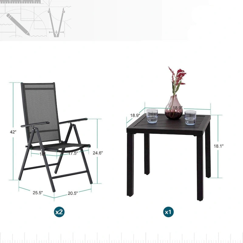 3-Piece Metal Patio Dining Set, 1 Square Table and 2 Folding Sling Chairs - N/A