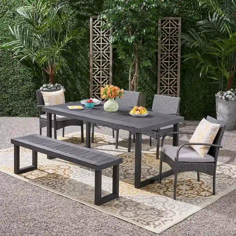 Stillwater Outdoor Aluminum Dining Set with Wicker Chairs and Bench