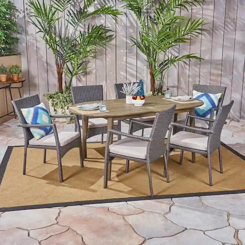Stamford Outdoor 7-Piece Acacia Wood Dining Set with Wicker Chairs by Christopher Knight Home