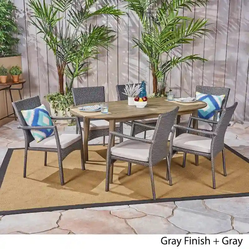 Stamford Outdoor 7-Piece Acacia Wood Dining Set with Wicker Chairs by Christopher Knight Home