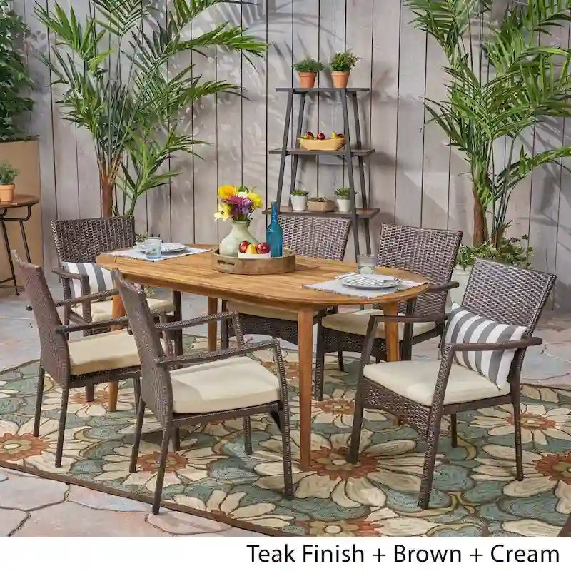 Stamford Outdoor 7-Piece Acacia Wood Dining Set with Wicker Chairs by Christopher Knight Home