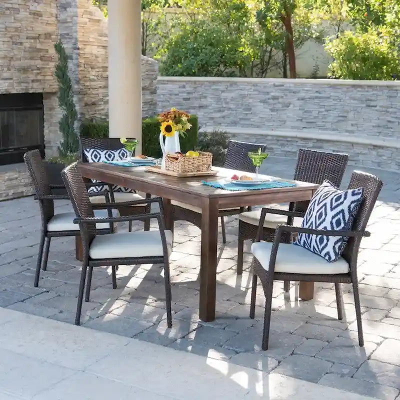 Geelong Wicker Wood Outdoor 7-piece Dining Set with Cushions by Christopher Knight Home